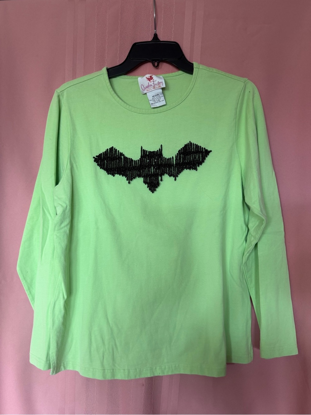 Quacker Factory Neon Green Long Sleeve Tee with Black Sequin Bat